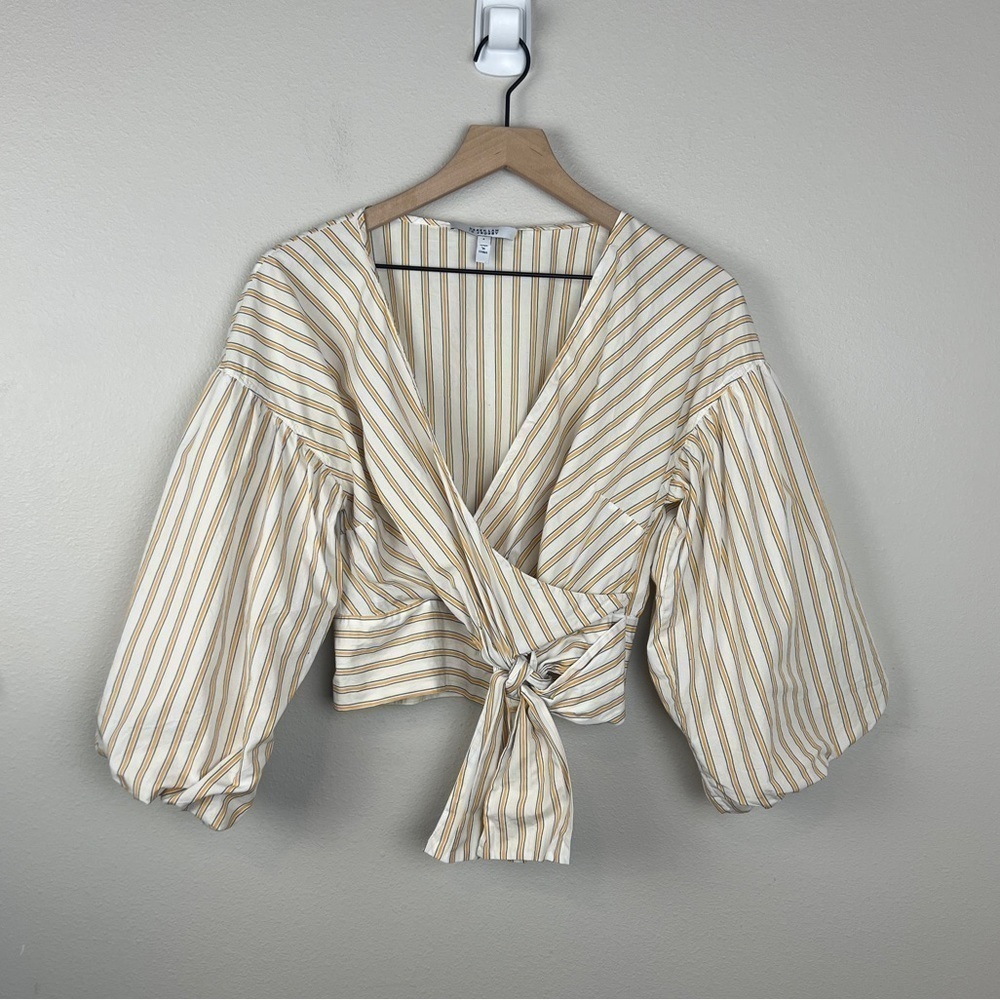 Derek Lam 10 Crosby Bell Sleeve Cropped Tie Waist Striped Top - Picture 2 of 7